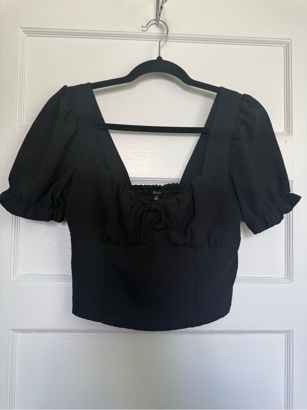 Blashe Black Puff-Sleeve Square Neck Crop Top Milkmaid Peasant Cottagecore M